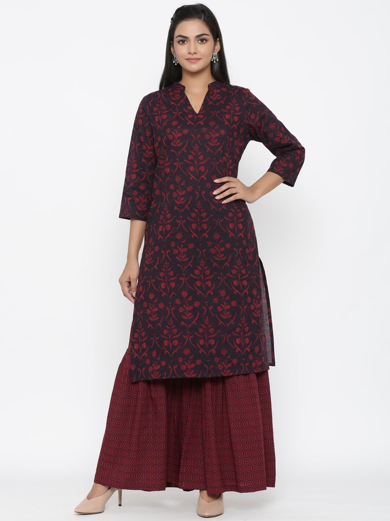 Miravan Maroon Floral Printed Kurta and Sharara for Women - Image 1